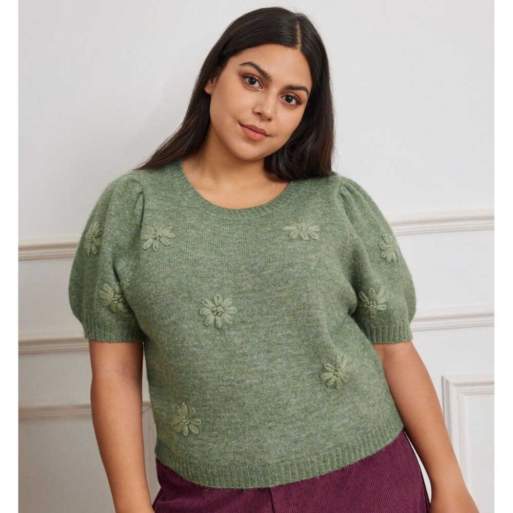 Cider Womens Wool-Blend Round Neck Flower Knitted Short Sleeve Sweater Size 3XL